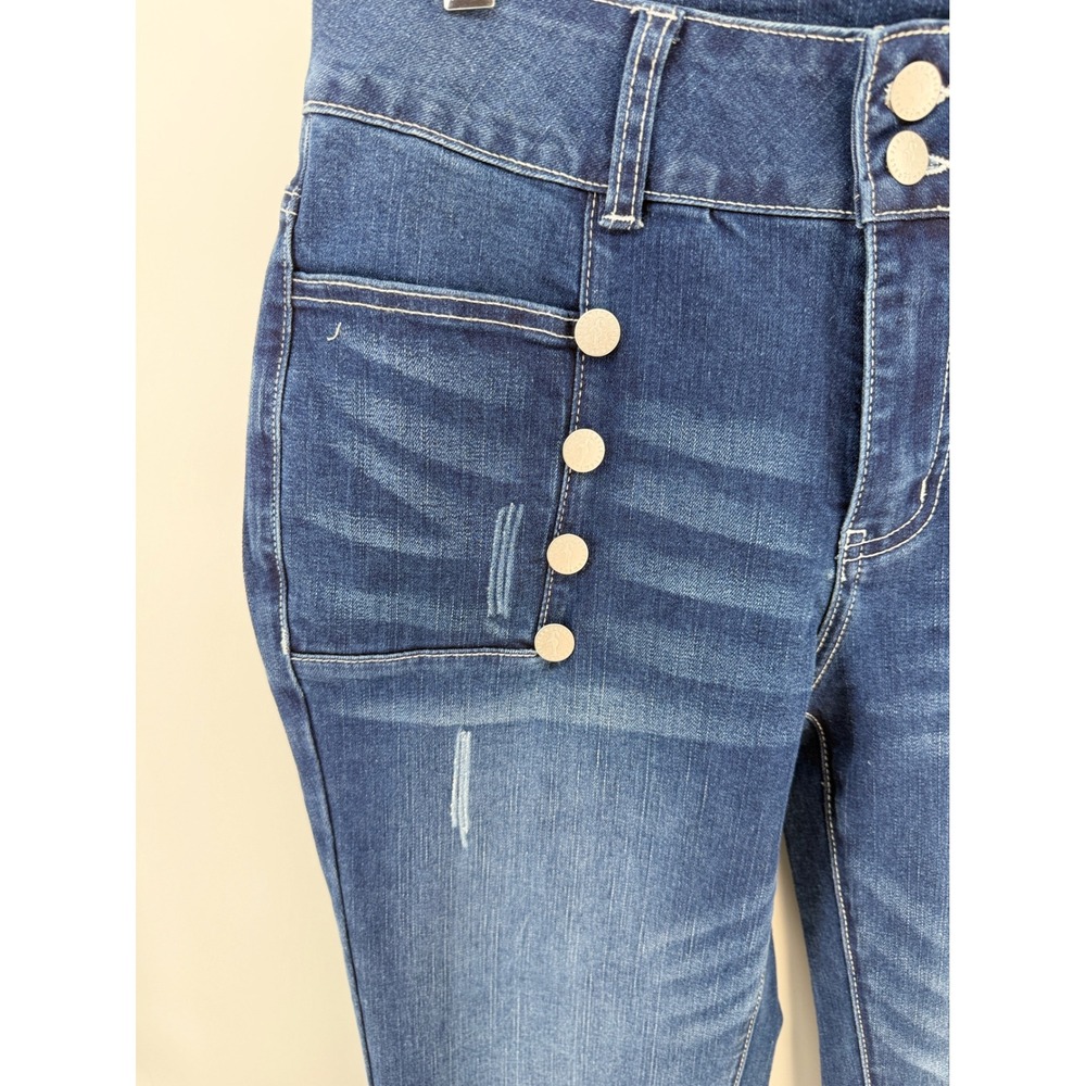 Flamingals Womens High Waisted Sailor Button Jeans Dark Wash Distressed Size L - Picture 3 of 9